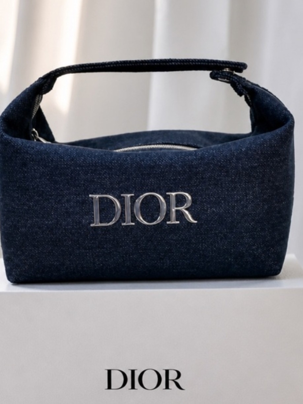 Dior Dark Blue Denim Cosmetic Pouch with Silver Logo